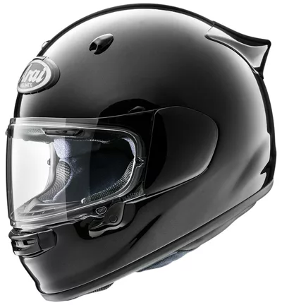 Arai Quantic en noir brillant, de trois quarts avant