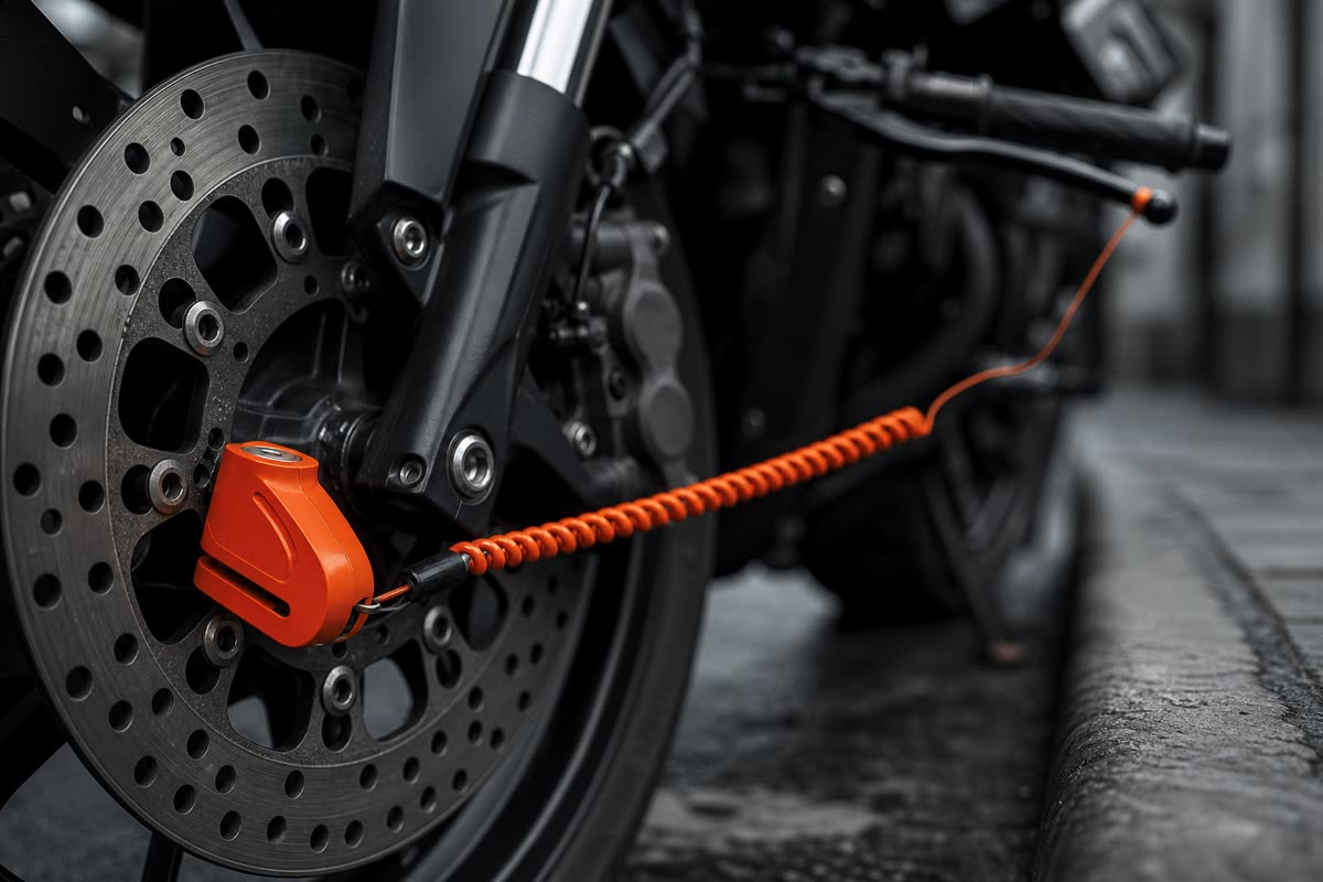 Bloque-disque orange serré sur le disque avant d'une moto, relié au guidon par un câble de rappel spiralé