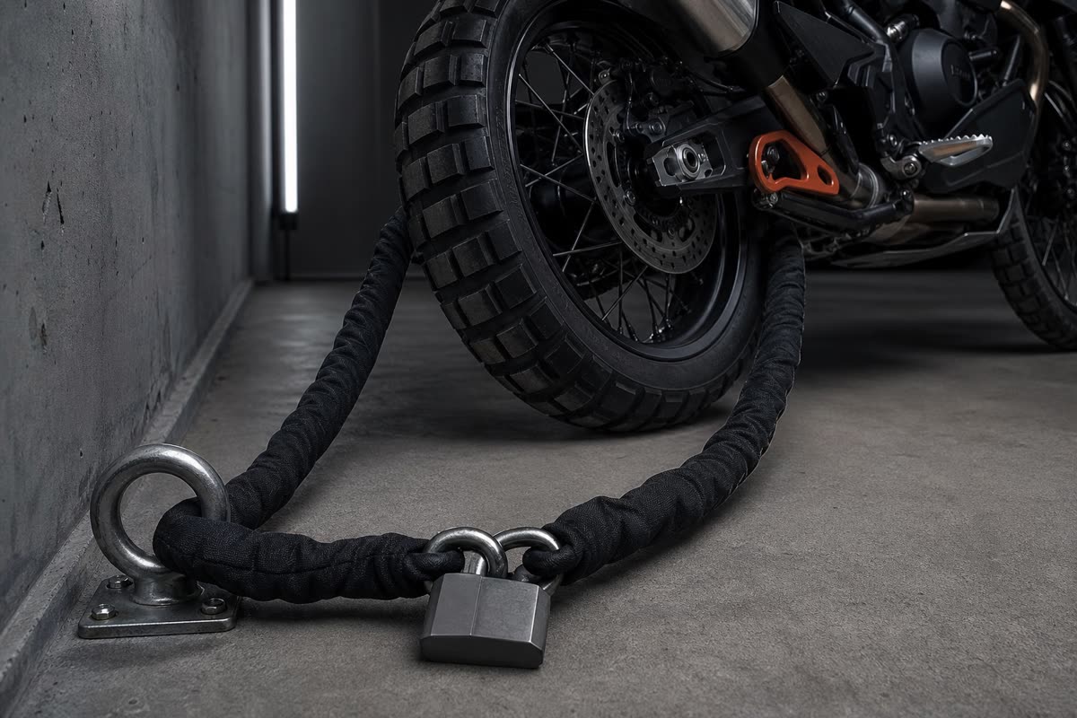 Chaîne antivol gainée passée dans un anneau d'ancrage boulonné au sol d'un garage, autour de la roue d'un trail