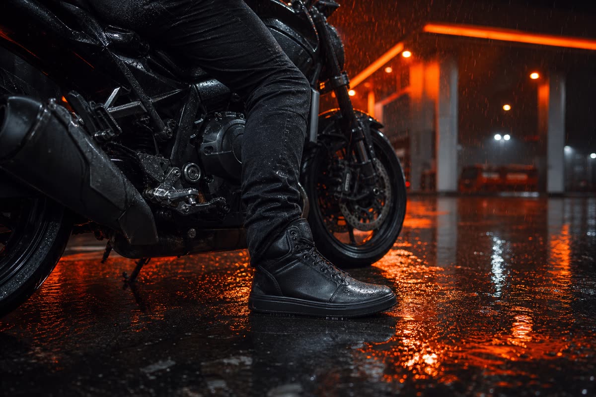 Motard en baskets moto, pied posé sur le sol détrempé d'une station-service la nuit