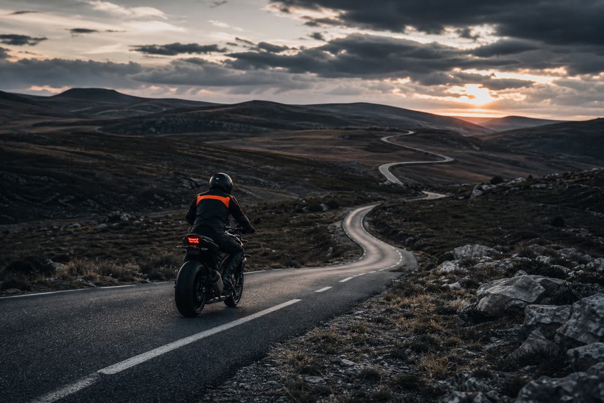 Motard seul sur une petite route déserte de plateau, au coucher du soleil