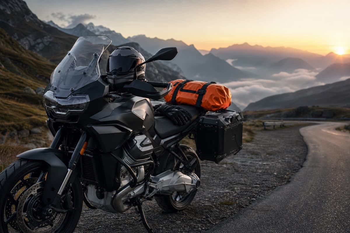 Moto de voyage chargée de valises et d'un sac étanche orange au bord d'une route de col