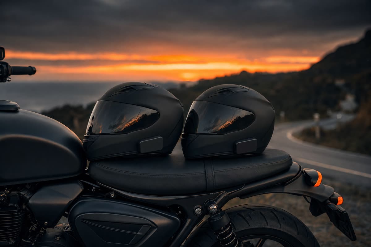 Deux casques intégraux noirs identiques équipés d'un intercom, posés sur la selle d'une moto au crépuscule