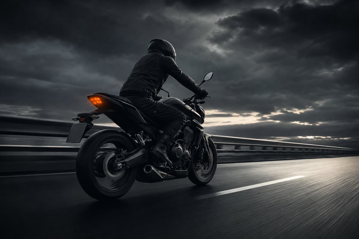 Motard sur une autoroute en fin de journée, vu de trois quarts arrière sous un ciel chargé