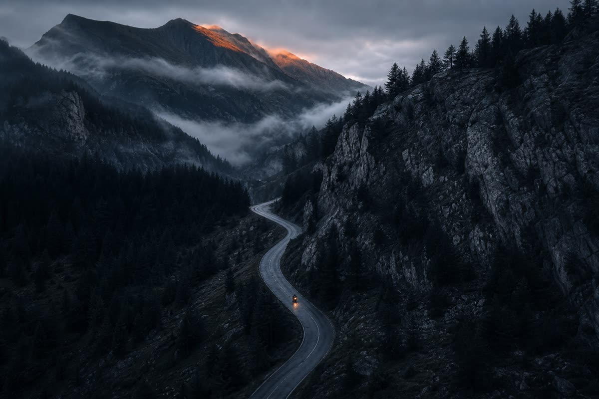 Route de montagne sinueuse dans une vallée isolée, un motard seul phare allumé à l'heure bleue