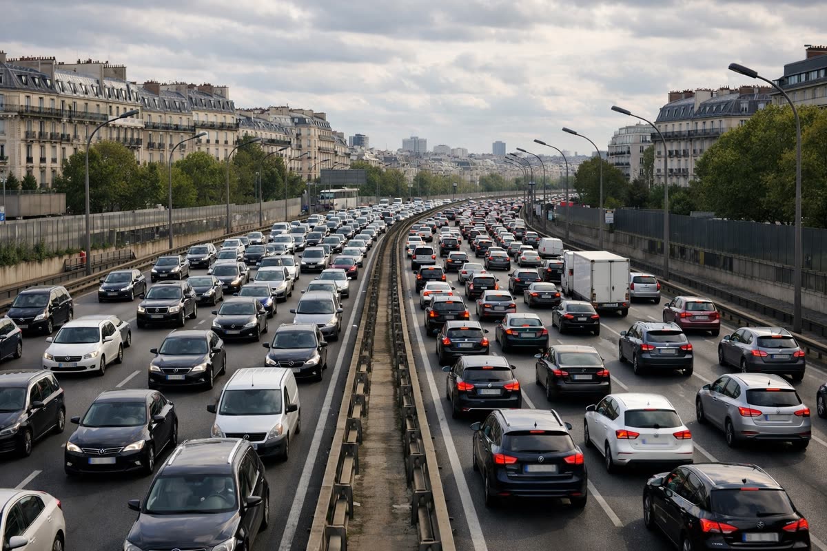 Le boulevard périphérique parisien saturé, deux chaussées séparées par un terre-plein