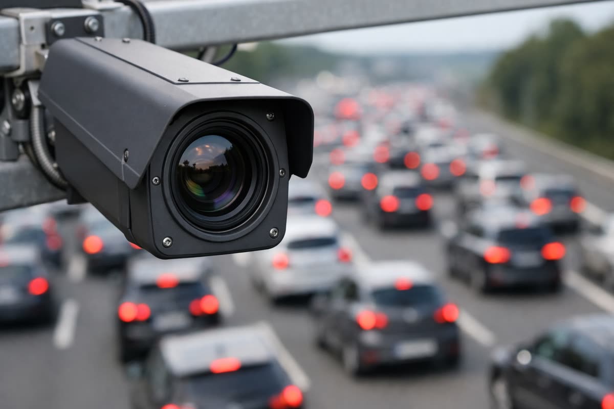 Caméra de vidéo-verbalisation surplombant une voie de circulation