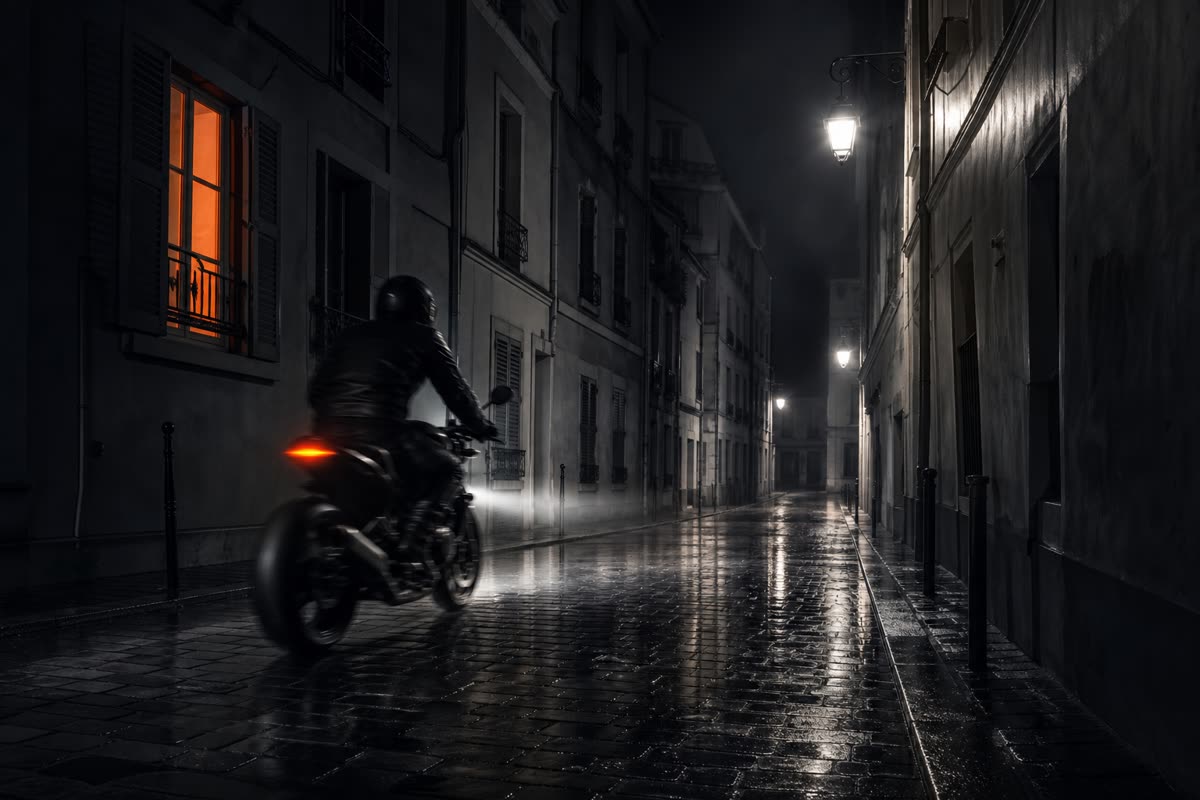 Une moto traverse de nuit une rue pavée et mouillée, sous une fenêtre éclairée