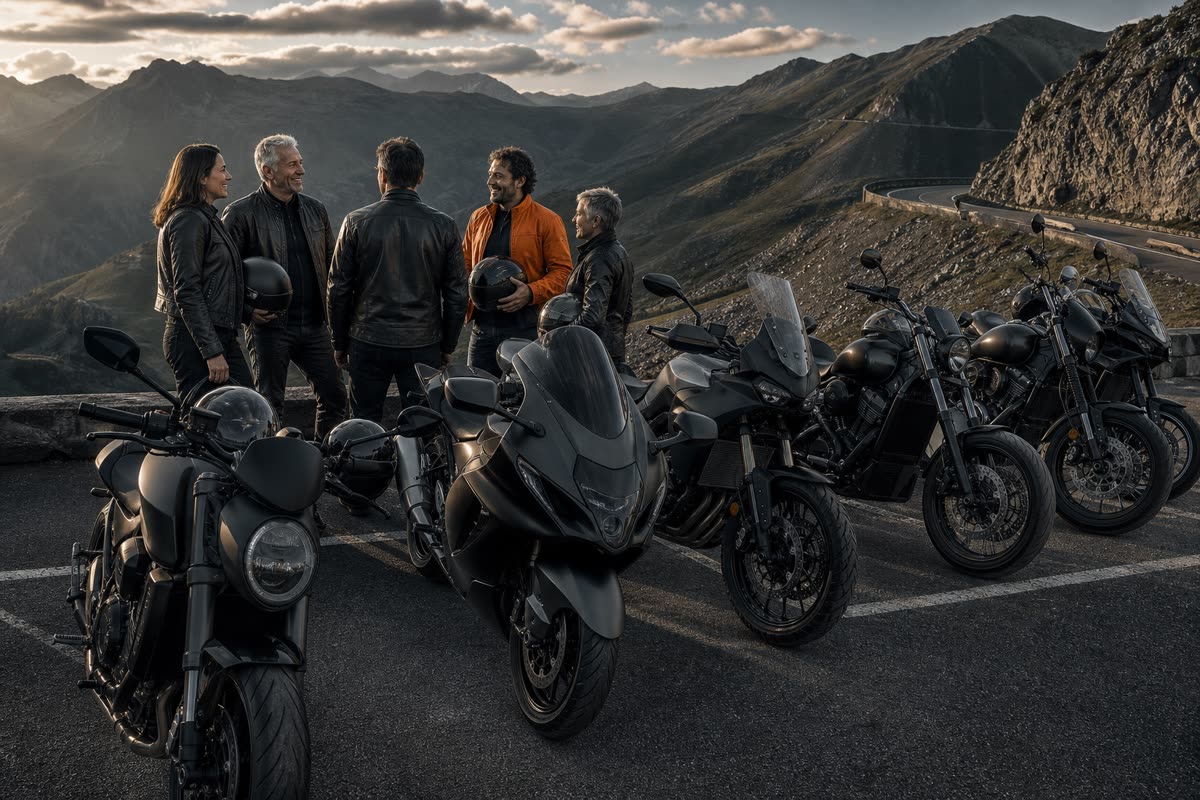 Groupe de motards d'âges variés discutant sur un parking de col, motos de styles différents garées