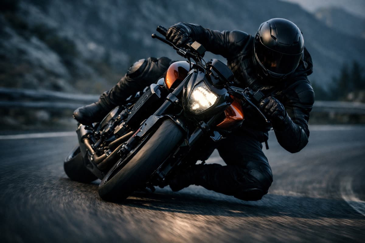 Moto en pleine courbe, le geste de contre-braquage déjà accompli