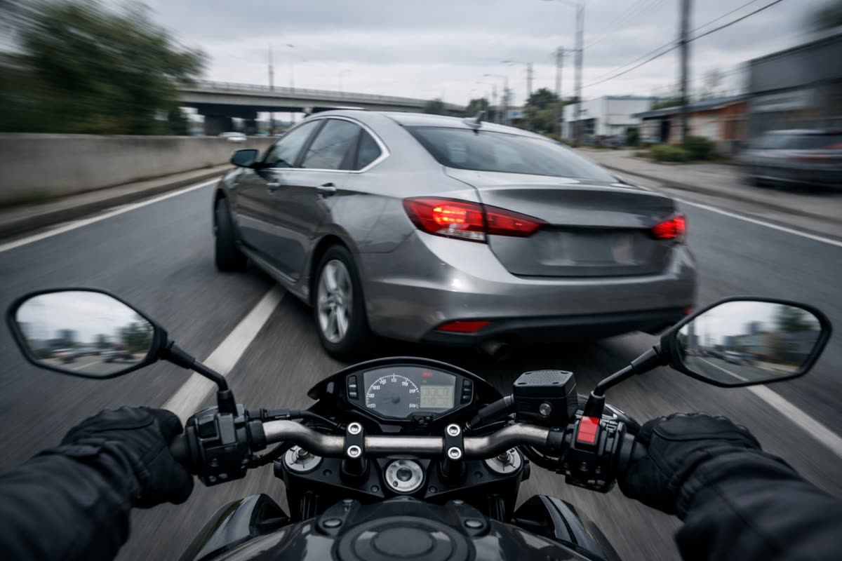 Une voiture qui déboîte devant une moto, situation d'évitement d'urgence
