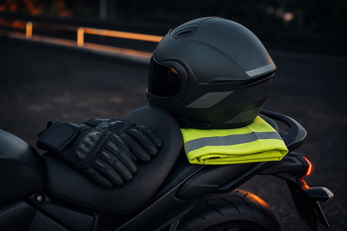 Casque à bandes réfléchissantes, gants de moto et gilet jaune posés sur la selle d'une moto
