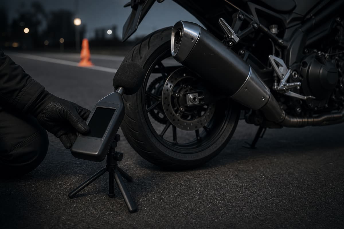 Sonomètre sur trépied placé près du silencieux d'une moto à l'arrêt en bord de route
