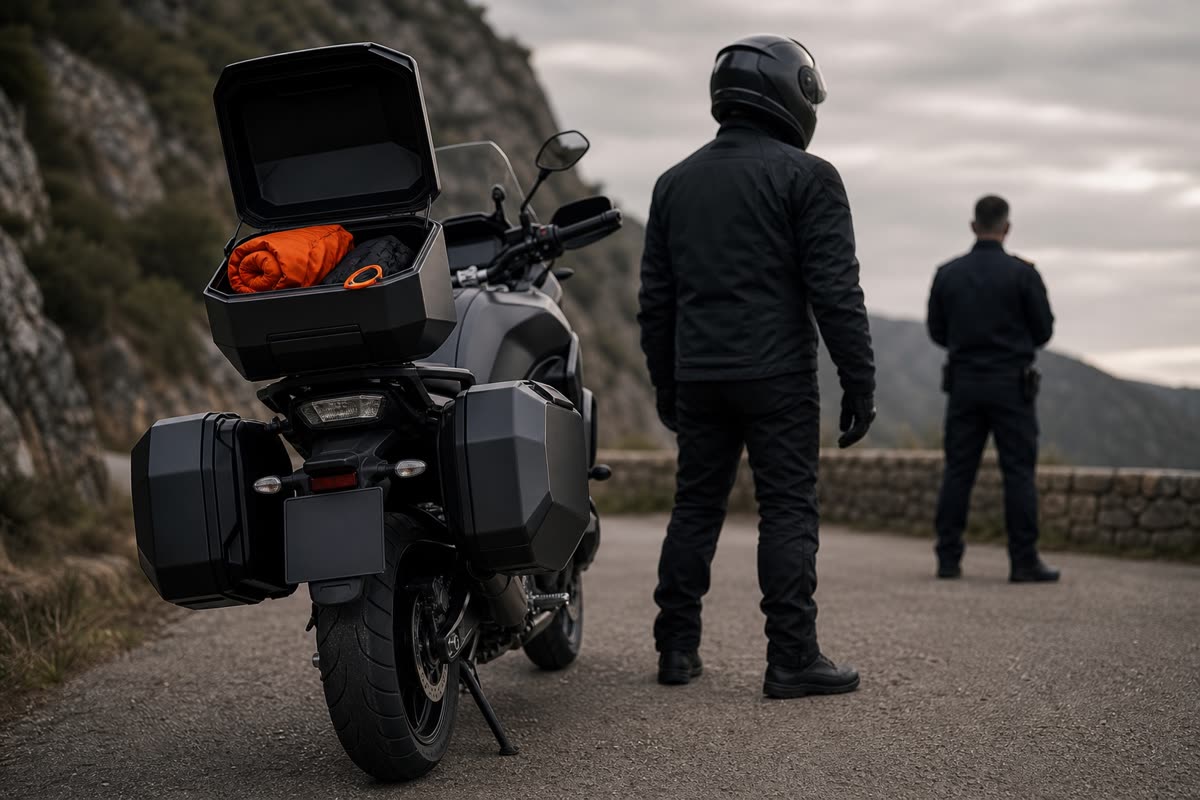 Moto de voyage au top-case ouvert en bord de route, le motard casqué à côté d'un agent