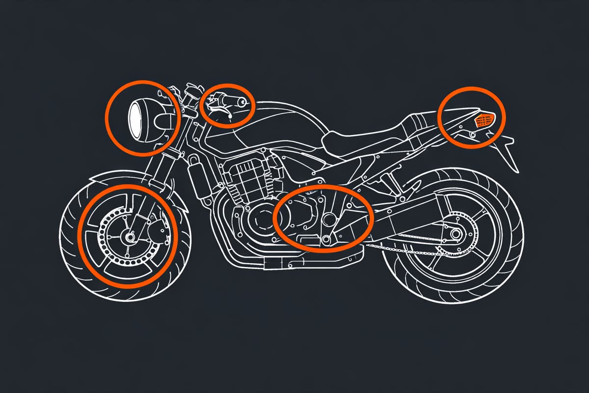 Les zones de contrôle d'une moto : éclairage, échappement, pneus, freins
