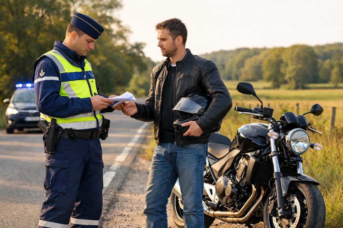 Contrôle routier vérifiant la carte grise d'une moto