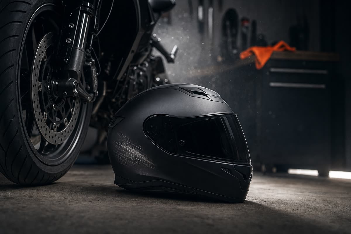 Casque intégral noir mat éraflé posé au sol d'un garage, au pied de la roue avant d'une moto