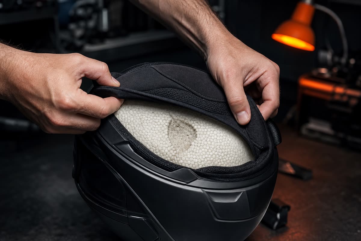 Mains retirant la coiffe d'un casque moto et découvrant un calotin en polystyrène enfoncé