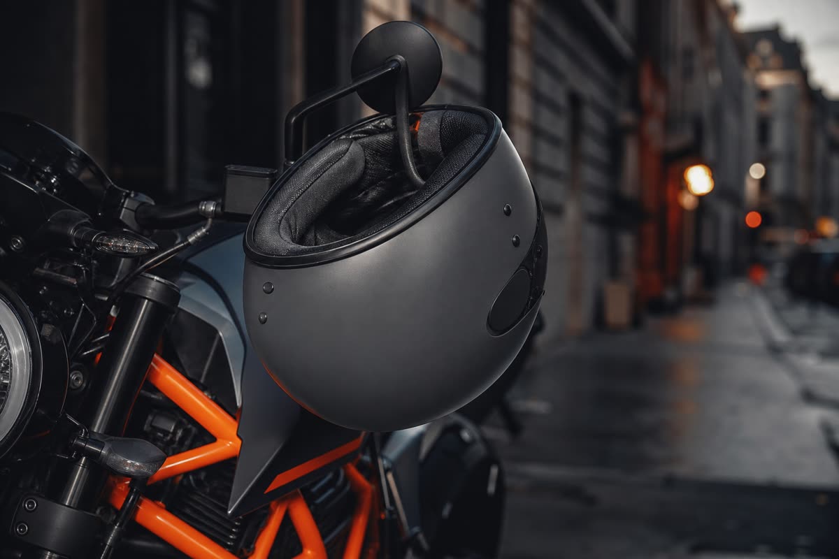 Casque moto accroché au rétroviseur d'une moto garée dans une rue en fin de journée