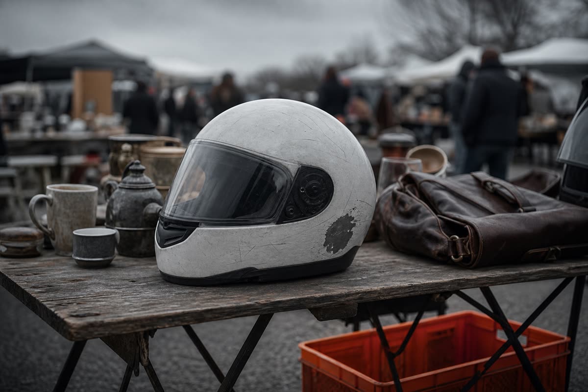 Casque intégral blanc rayé et écaillé en vente sur une table de vide-grenier