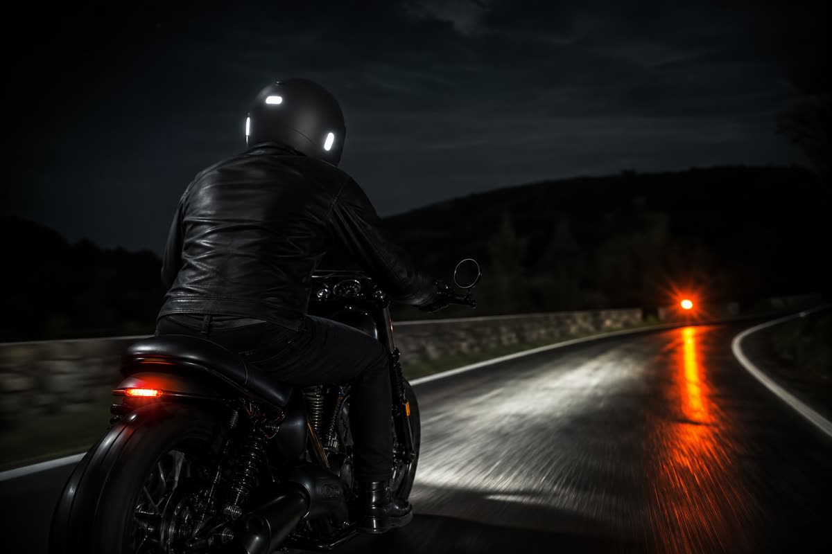 Motard vu de dos la nuit, les éléments réfléchissants de son casque éclairés par des phares