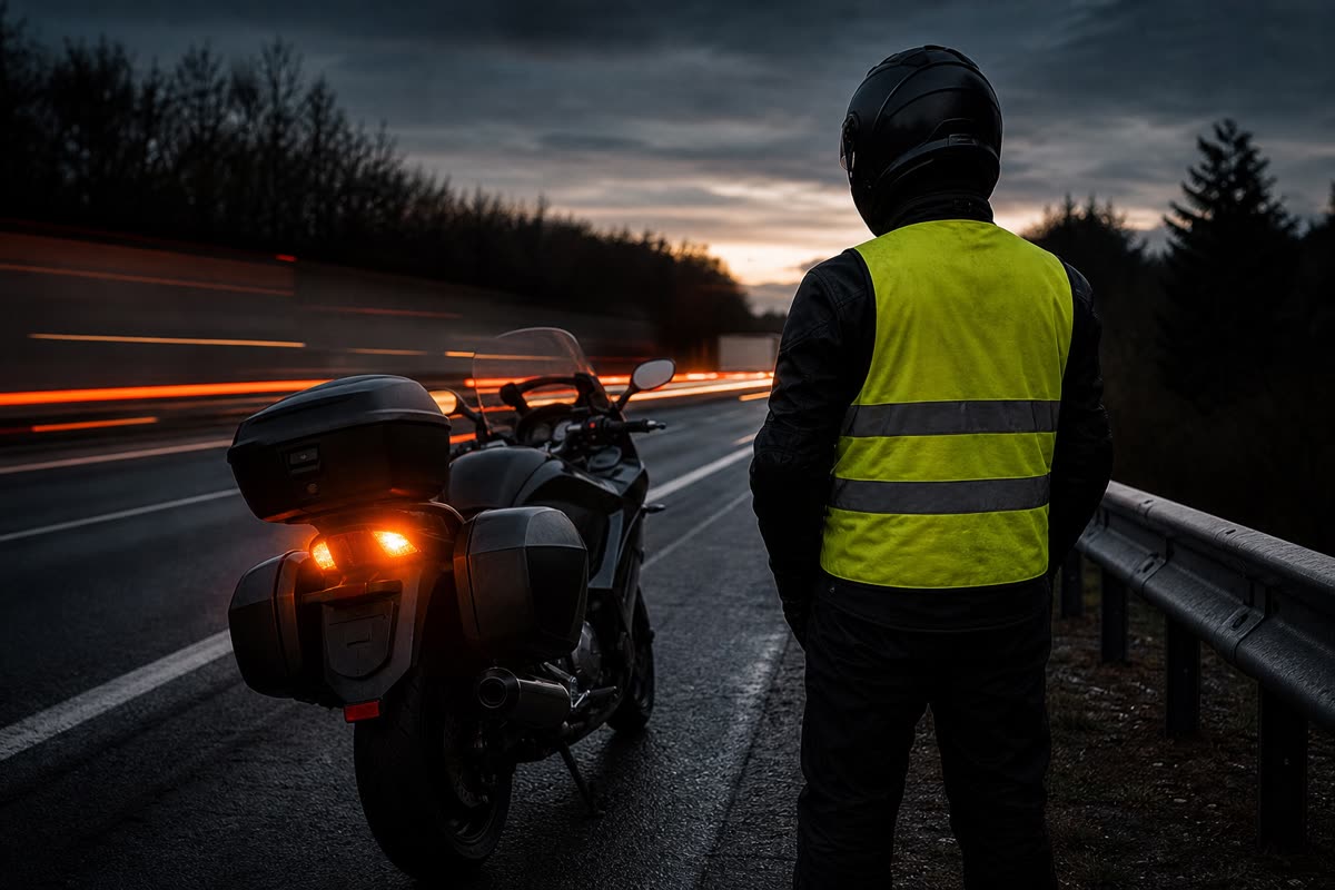Motard en gilet jaune haute visibilité à côté de sa moto arrêtée sur la bande d'arrêt d'urgence au crépuscule