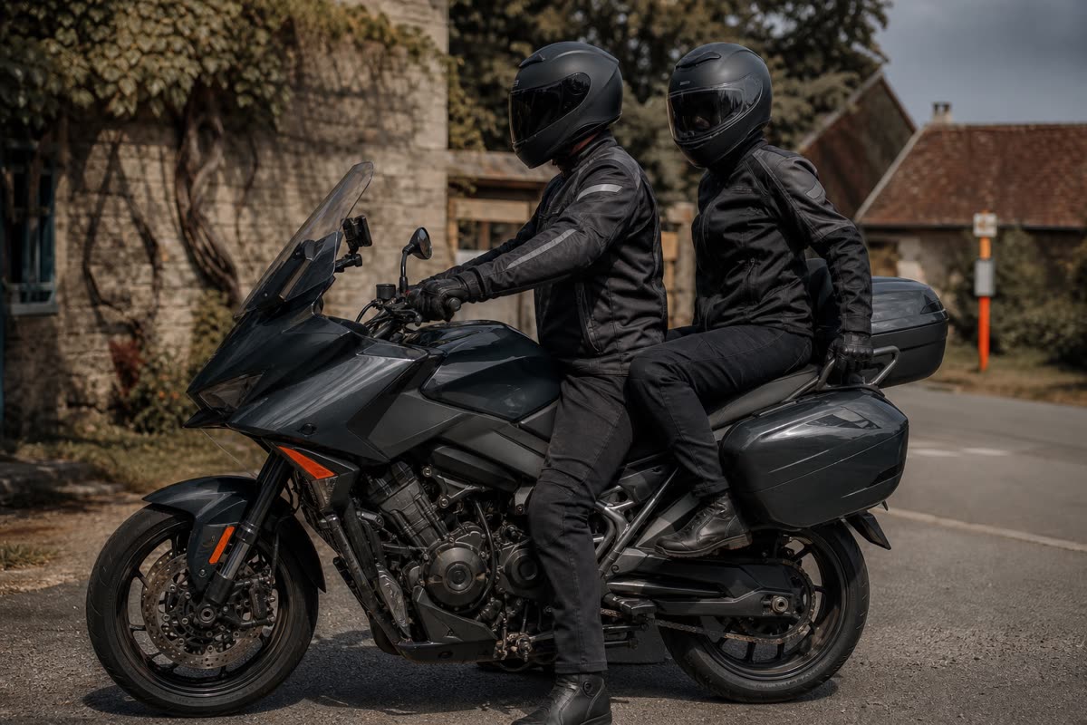 Pilote et passager casqués et gantés sur une moto routière arrêtée dans un village