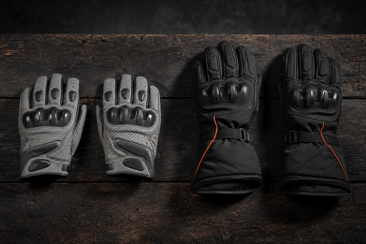Paire de gants moto d'été perforés à côté d'une paire de gants d'hiver épais sur un établi