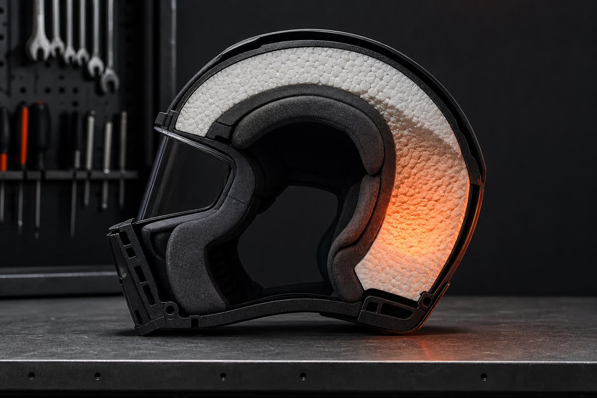 Casque moto intégral coupé en deux, montrant la coque et le calotin en polystyrène blanc