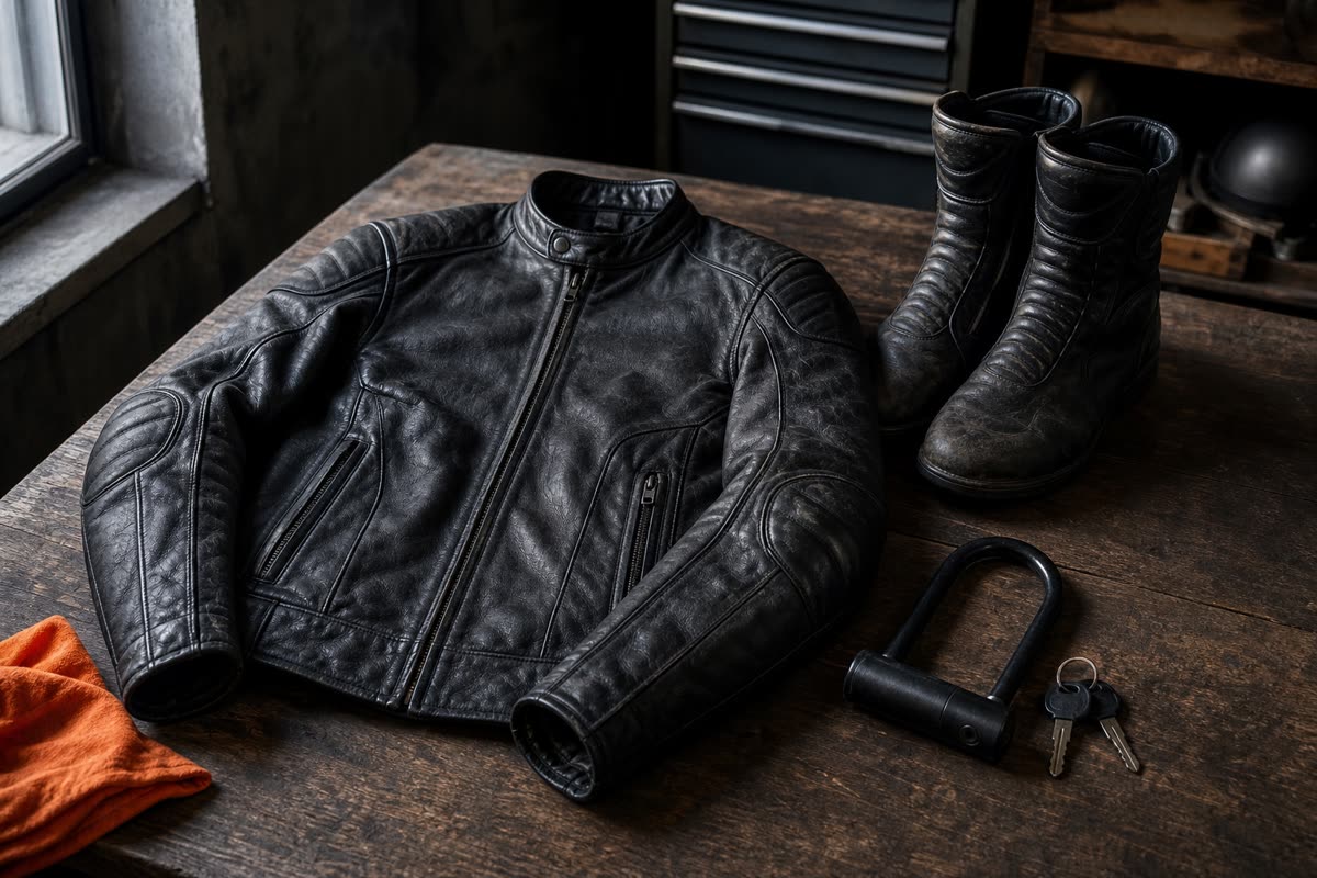 Blouson moto en cuir d'occasion, bottes usées et antivol en U avec ses clés sur une table