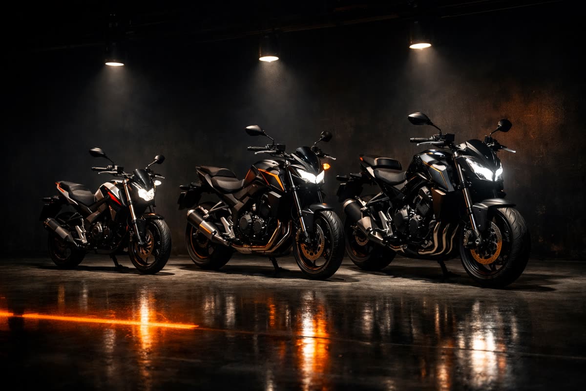 Trois motos alignées de la plus petite à la plus grosse cylindrée