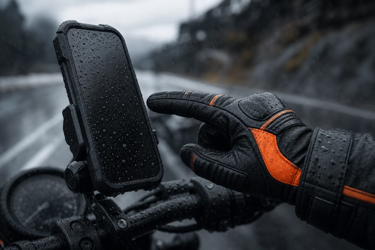 Téléphone mouillé sur son support de guidon, touché par un doigt ganté sous la pluie