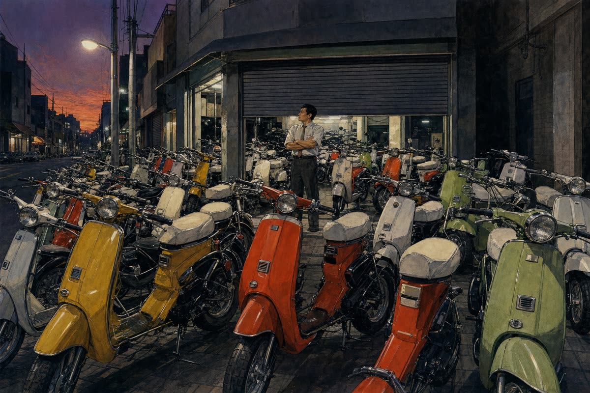Illustration : concession japonaise de 1982 débordant de scooters 50 cm³ invendus, un vendeur seul au milieu