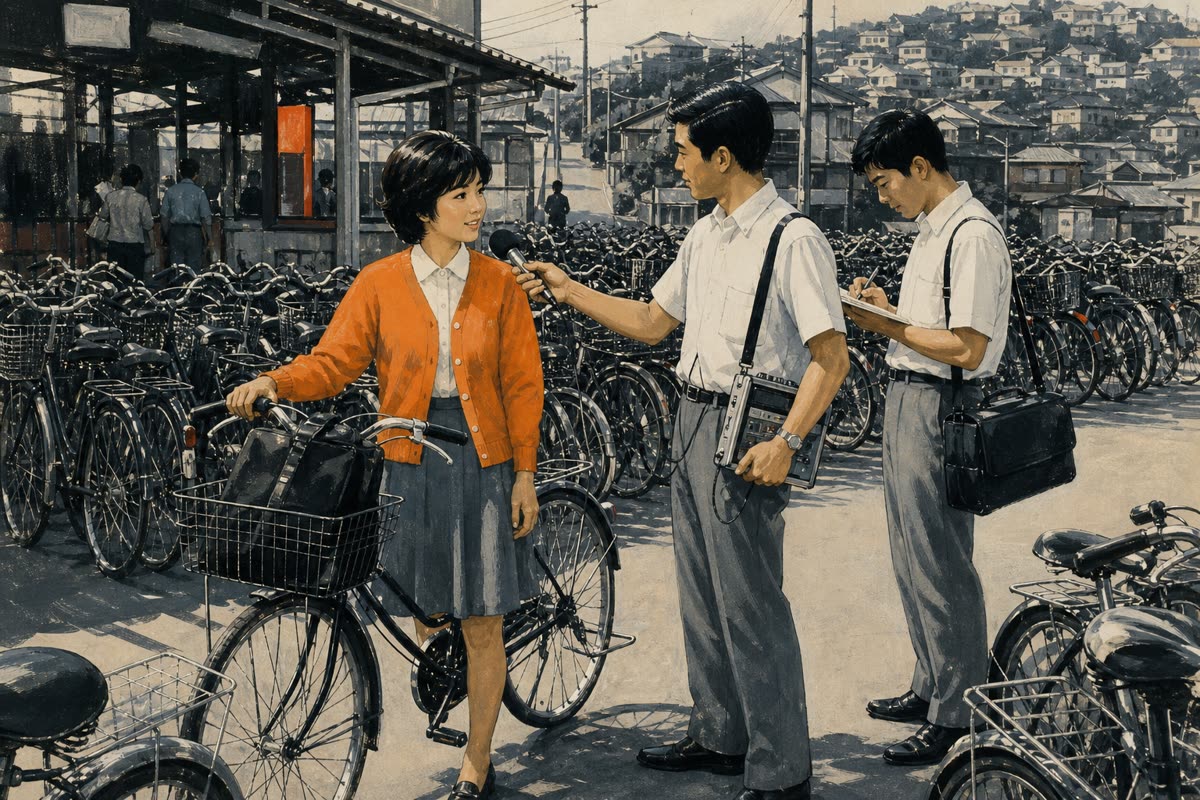 Illustration : enquêteurs Honda interrogeant une femme au parking à vélos d'une gare japonaise en 1972