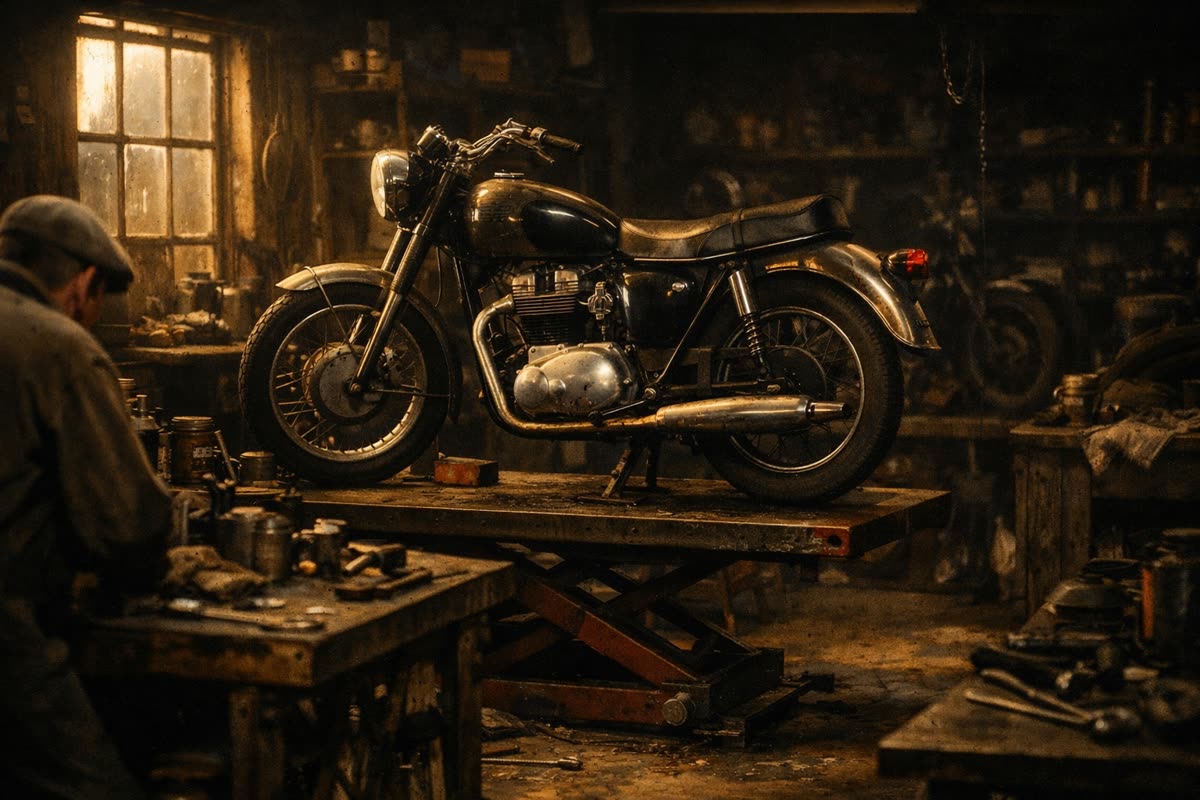 Atelier moto britannique de la fin des années 60