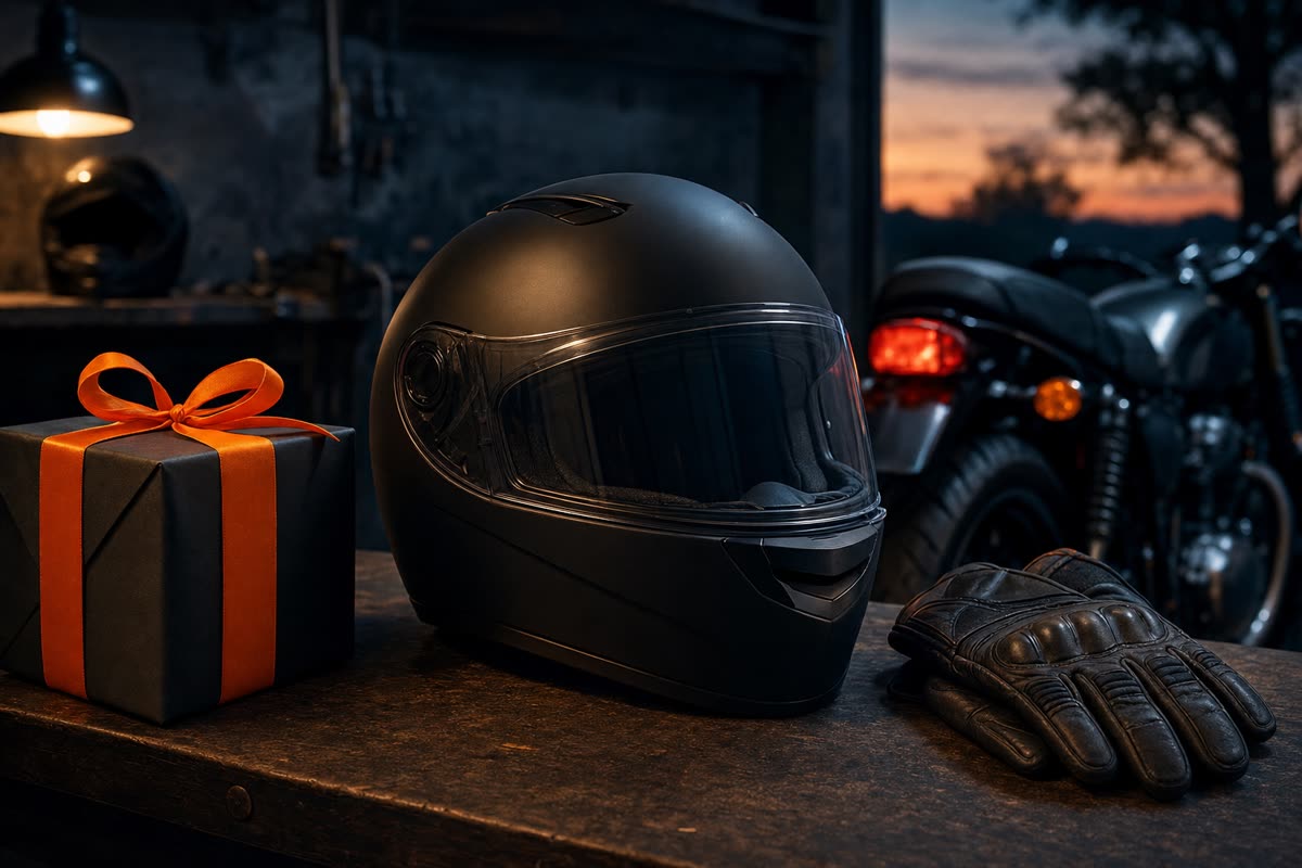 Casque moto intégral noir mat sur un établi, à côté d'un paquet cadeau au ruban orange et de gants en cuir