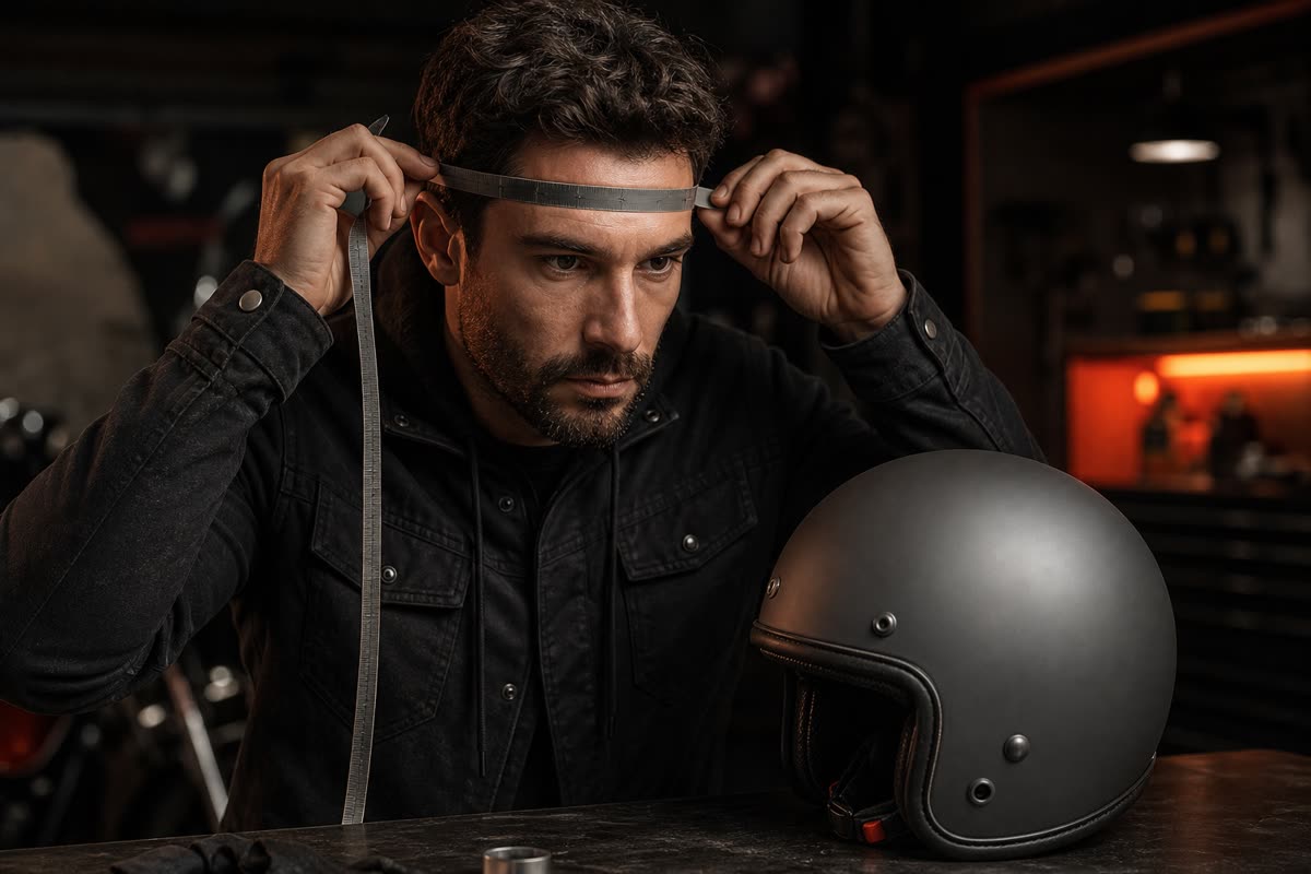 Homme mesurant son tour de tête avec un mètre ruban, un casque jet gris posé devant lui