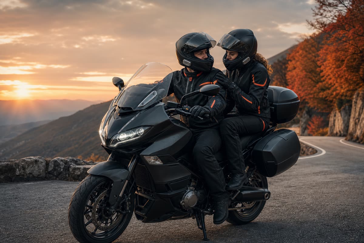 Pilote et passagère à l'arrêt sur une moto routière, casques équipés d'intercoms, face à un col d'automne