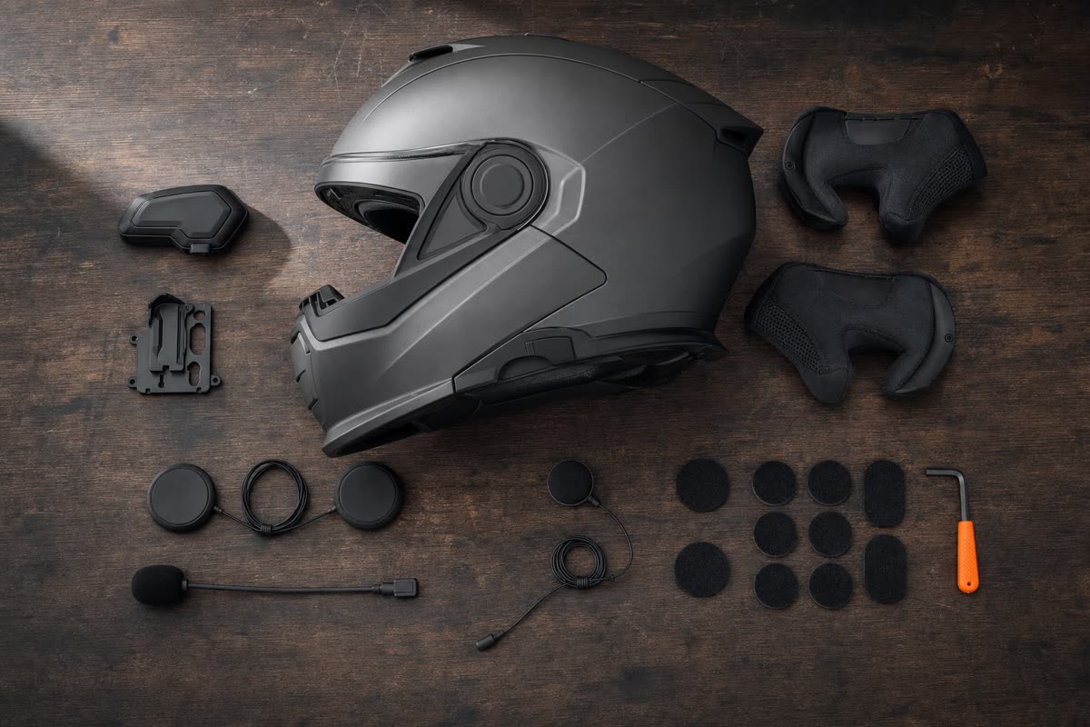 Casque gris sur un établi, entouré des pièces d'un intercom universel : boîtier, pince, haut-parleurs, micros et clé Allen