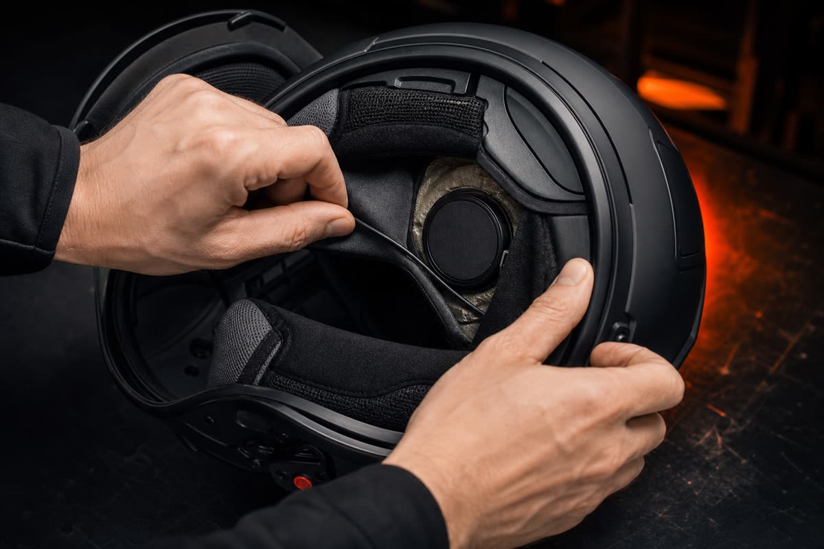 Mains qui glissent le câble d'un intercom derrière le rembourrage d'un casque, haut-parleur plaqué dans son logement