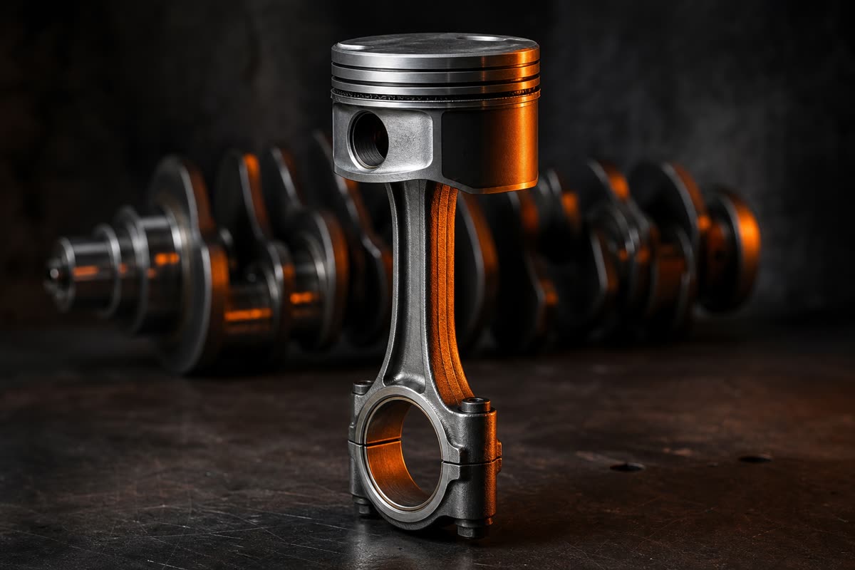Piston et bielle de moteur de moto debout sur un établi, vilebrequin flou en arrière-plan
