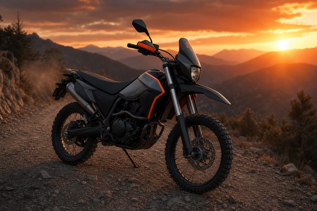 Moto trail monocylindre garée sur une piste de montagne au coucher du soleil