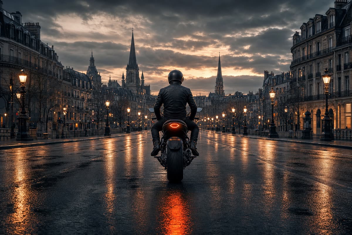 Motard vu de dos sur sa moto au milieu d'une avenue mouillée, face au centre d'une ville française au crépuscule