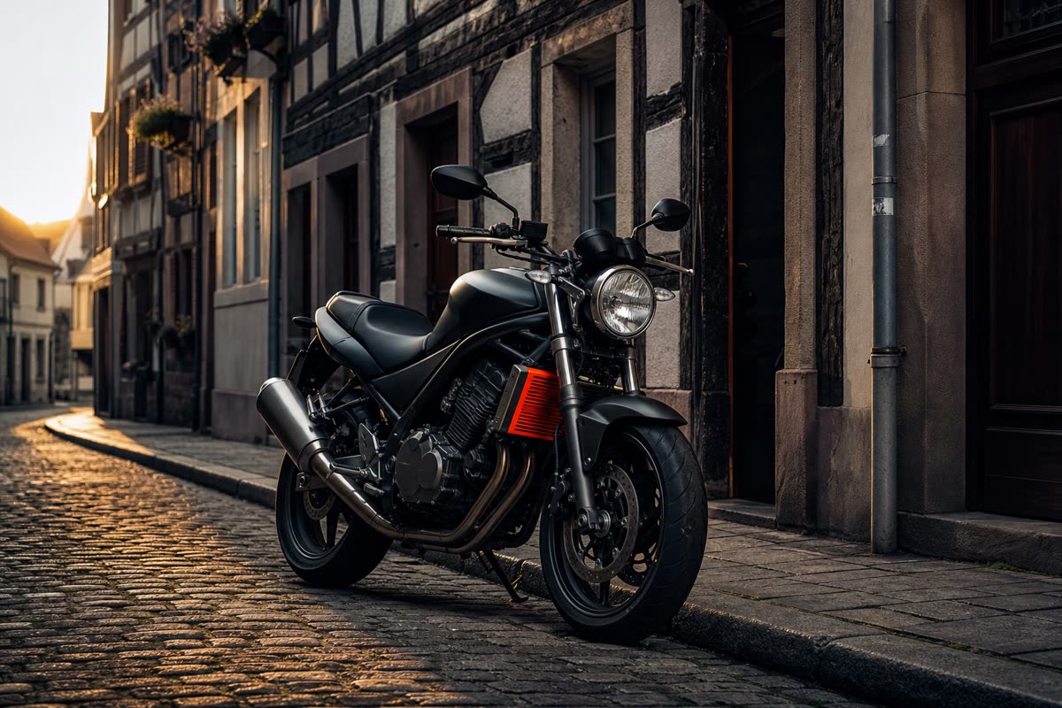 Moto roadster du milieu des années 2000 garée dans une rue pavée bordée de maisons à colombages