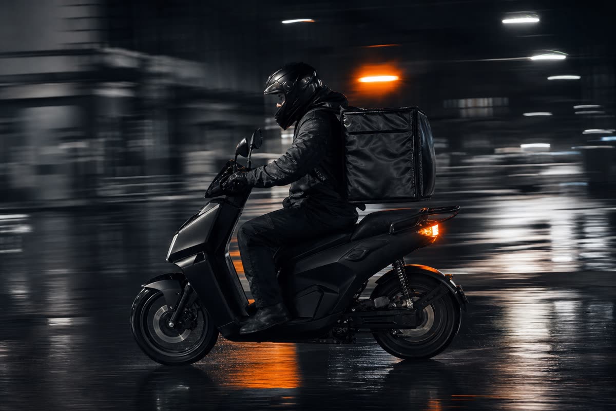 Livreur sur un scooter électrique, sac isotherme sur le dos, dans une rue de ville mouillée la nuit