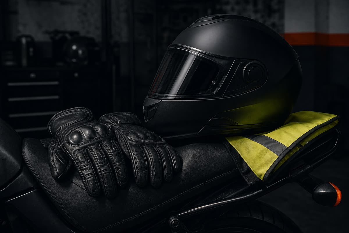 Casque intégral noir, gants en cuir et gilet de haute visibilité jaune posés sur une selle de moto