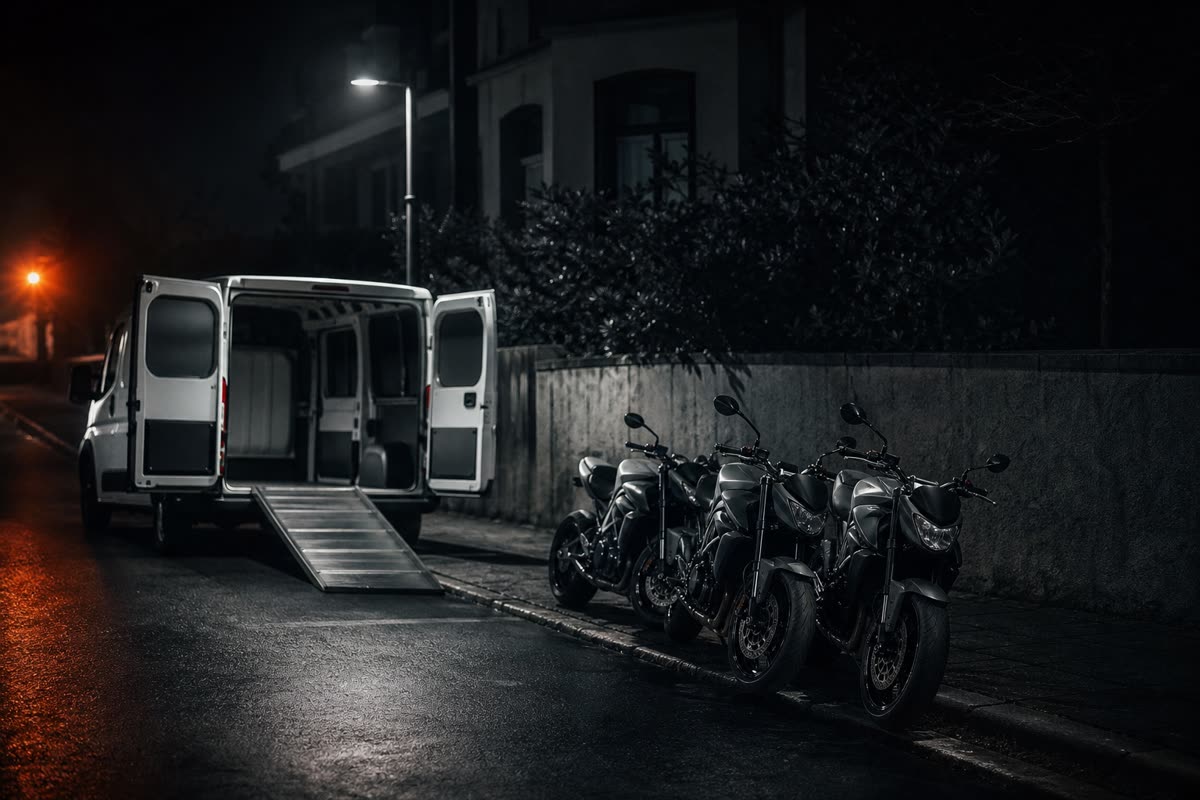 Camionnette blanche portes arrière ouvertes et rampe au sol, à côté de motos garées la nuit