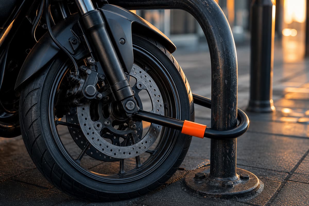 Antivol en U passé dans la roue avant d'une moto et autour d'un arceau scellé au sol