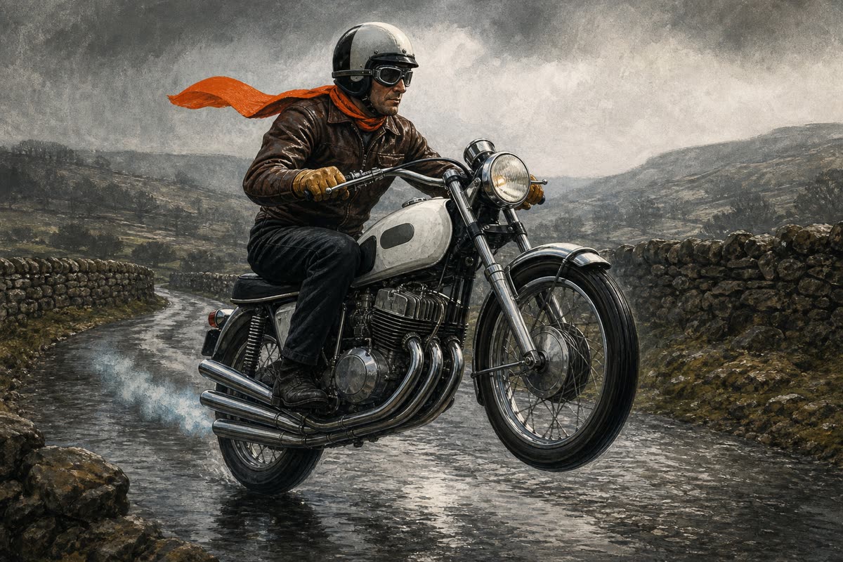 Illustration d'une moto deux-temps de 1969 levant sa roue avant sur une route anglaise mouillée