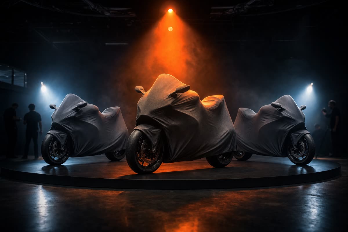 Trois motos sportives inédites sous housse sur un podium de salon, sous un projecteur orange